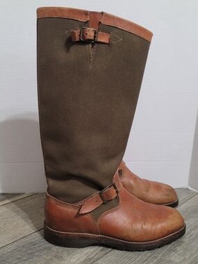 Chippewa Mens Brown Leather Olive Canvas Snake Boots Riding Cordura USA Sz10.5EE